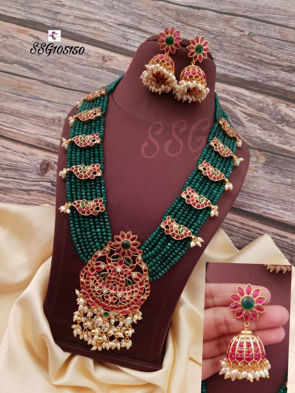 Buy Stonecart Splash Long Green Beads Round Shape Pendant With Earrings Haram Set